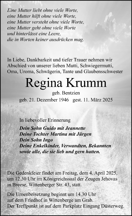 Traueranzeige von Regina Krumm von Wochenspiegel