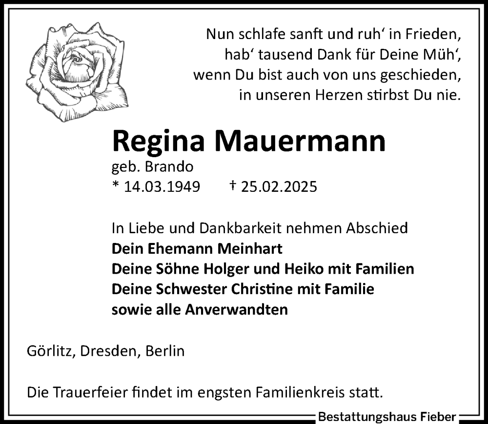  Traueranzeige für Regina Mauermann vom 15.03.2025 aus Sächsische Zeitung