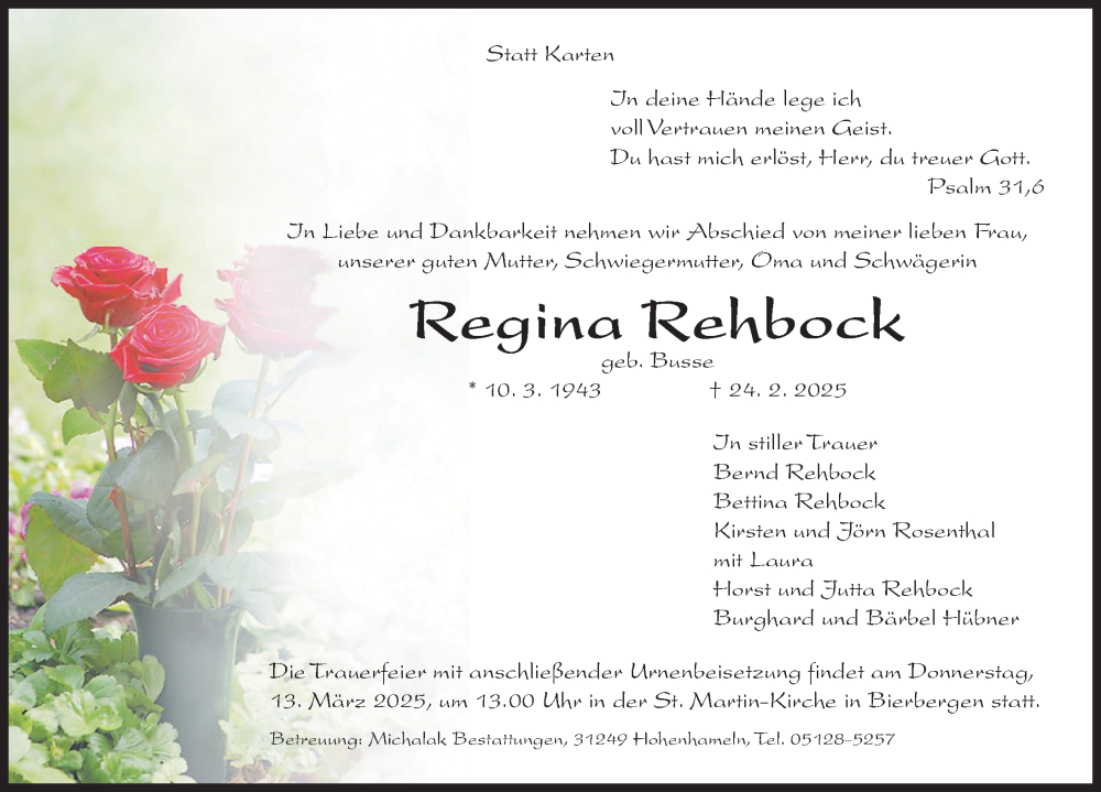  Traueranzeige für Regina Rehbock vom 08.03.2025 aus Peiner Allgemeine Zeitung