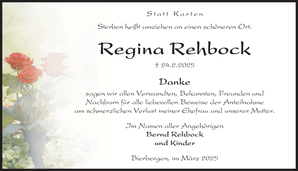  Traueranzeige für Regina Rehbock vom 29.03.2025 aus Peiner Allgemeine Zeitung