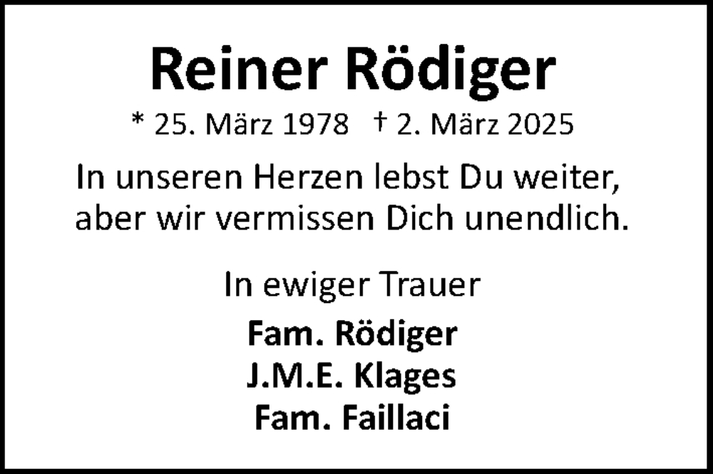  Traueranzeige für Reiner Rödiger vom 22.03.2025 aus Hannoversche Allgemeine Zeitung/Neue Presse