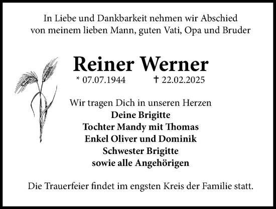 Traueranzeige von Reiner Werner von Sächsische Zeitung