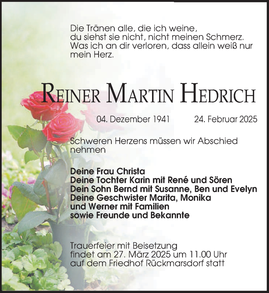  Traueranzeige für Reiner Martin Hedrich vom 15.03.2025 aus Leipziger Volkszeitung