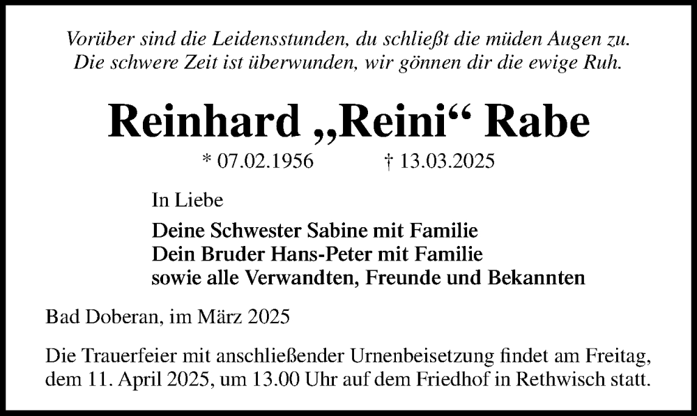  Traueranzeige für Reinhard Rabe vom 29.03.2025 aus Ostsee-Zeitung GmbH