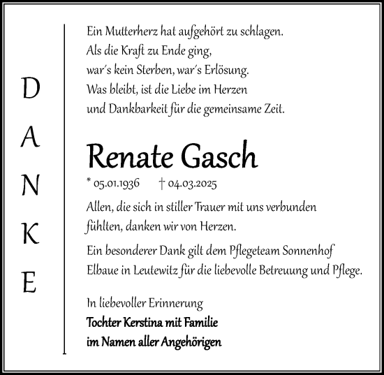 Traueranzeige von Renate Gasch von Sächsische Zeitung
