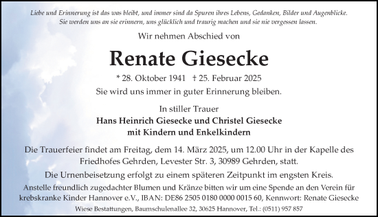 Traueranzeige von Renate Giesecke von Hannoversche Allgemeine Zeitung/Neue Presse