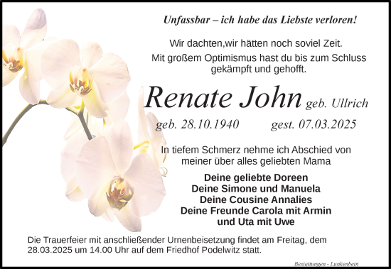 Traueranzeige von Renate John von Leipziger Volkszeitung