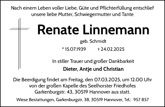 Traueranzeige von Renate Linnemann von Hannoversche Allgemeine Zeitung/Neue Presse