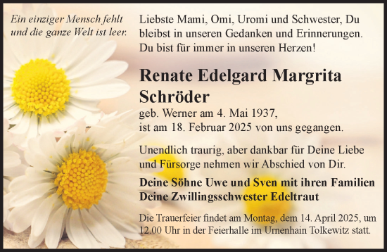 Traueranzeige von Renate Edelgard Margrita Schröder von Sächsische Zeitung
