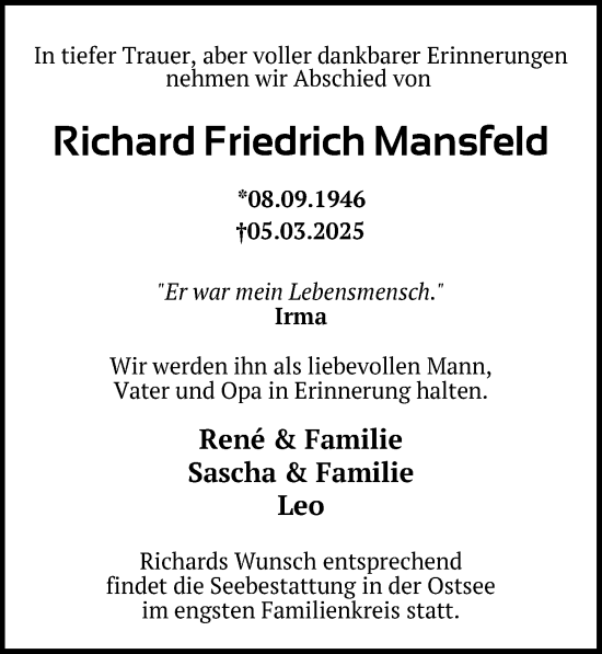 Traueranzeige von Richard Friedrich Mansfeld von Leipziger Volkszeitung
