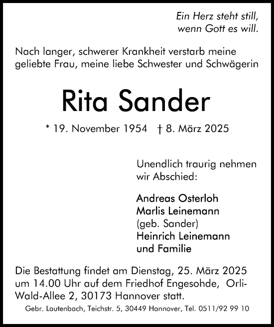 Traueranzeige von Rita Sander von Hannoversche Allgemeine Zeitung/Neue Presse