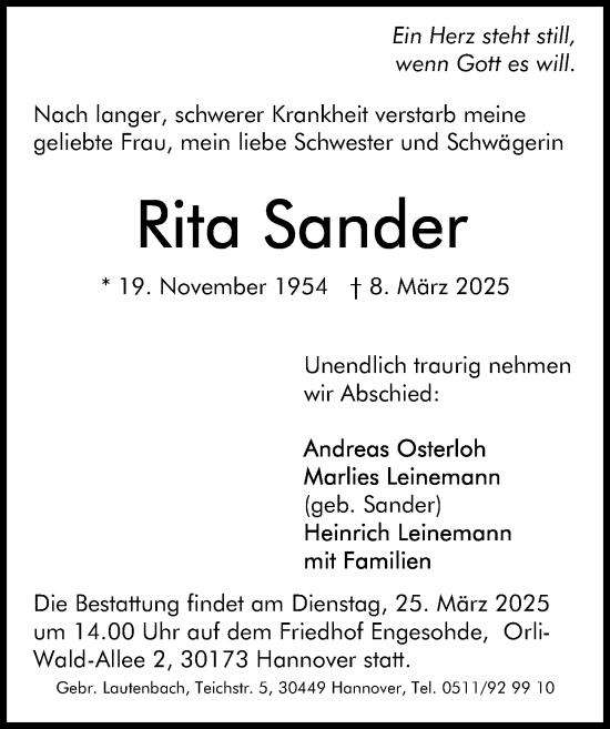 Traueranzeige von Rita Sander von Hannoversche Allgemeine Zeitung/Neue Presse