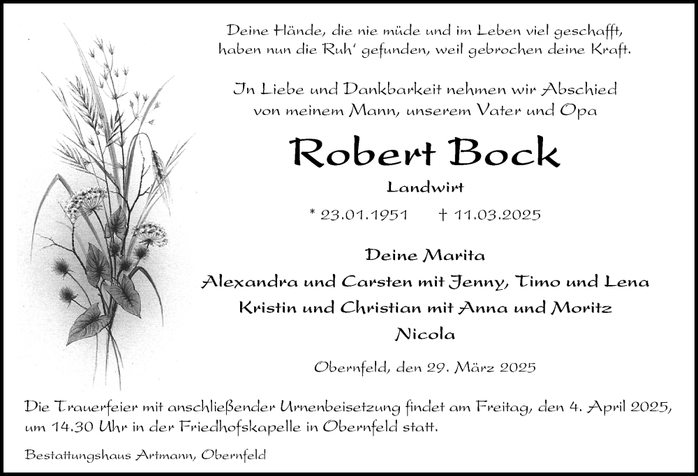  Traueranzeige für Robert Bock vom 29.03.2025 aus Eichsfelder Tageblatt