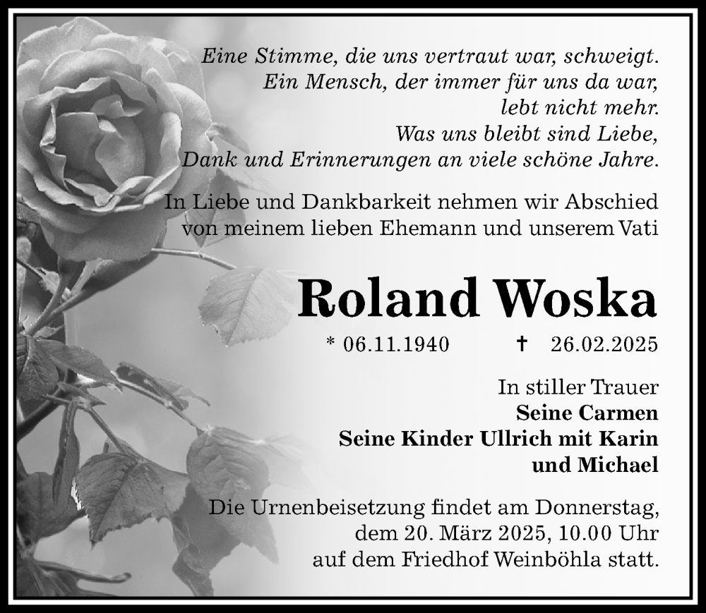  Traueranzeige für Roland Woska vom 15.03.2025 aus Sächsische Zeitung