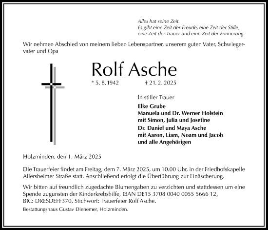 Traueranzeige von Rolf Asche von Täglicher Anzeiger Holzminden