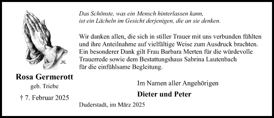 Traueranzeige von Rosa Germerott von Eichsfelder Tageblatt
