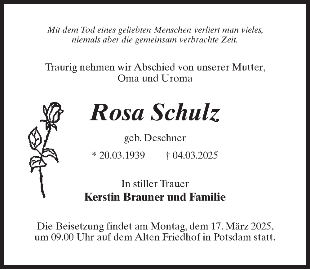  Traueranzeige für Rosa Schulz vom 15.03.2025 aus Märkischen Allgemeine Zeitung