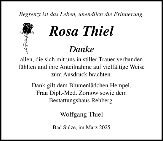 Traueranzeige von Rosa Thiel von Ostsee-Zeitung GmbH