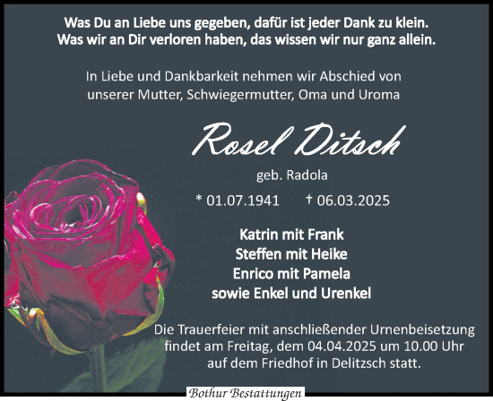 Traueranzeige von Rosel Ditsch von Leipziger Volkszeitung