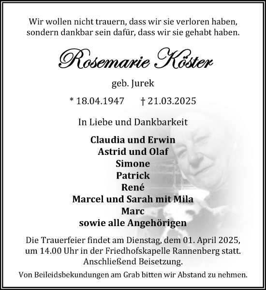 Traueranzeige von Rosemarie Köster von Schaumburger Zeitung/ Landes-Zeitung