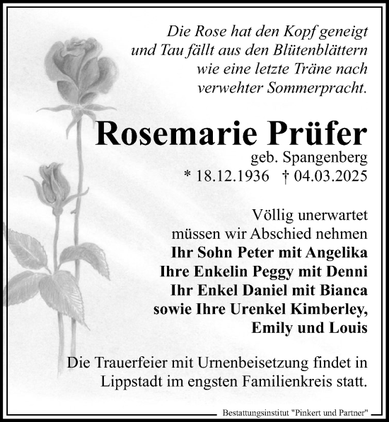 Traueranzeige von Rosemarie Prüfer von Sächsische Zeitung