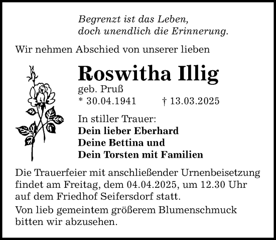 Traueranzeige von Roswitha Illig von Sächsische Zeitung