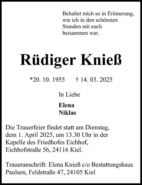 Traueranzeige von Rüdiger Knieß von Kieler Nachrichten