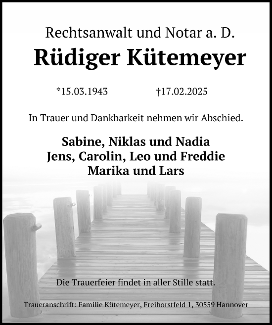 Traueranzeige von Rüdiger Kütemeyer von Hannoversche Allgemeine Zeitung/Neue Presse