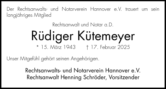 Traueranzeige von Rüdiger Kütemeyer von Hannoversche Allgemeine Zeitung/Neue Presse