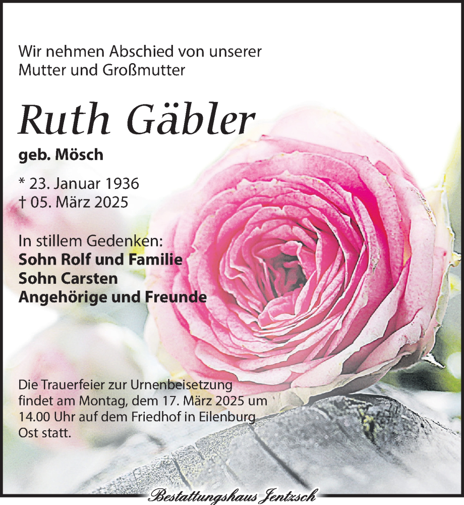  Traueranzeige für Ruth Gäbler vom 15.03.2025 aus Leipziger Volkszeitung