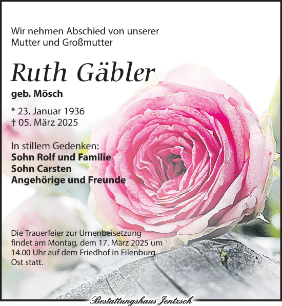 Traueranzeige von Ruth Gäbler von Leipziger Volkszeitung
