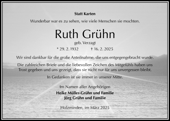 Traueranzeige von Ruth Grühn von Täglicher Anzeiger Holzminden