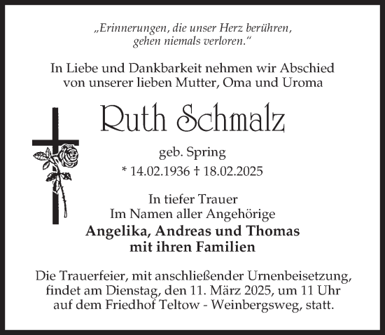 Traueranzeige von Ruth Schmalz von Märkischen Allgemeine Zeitung