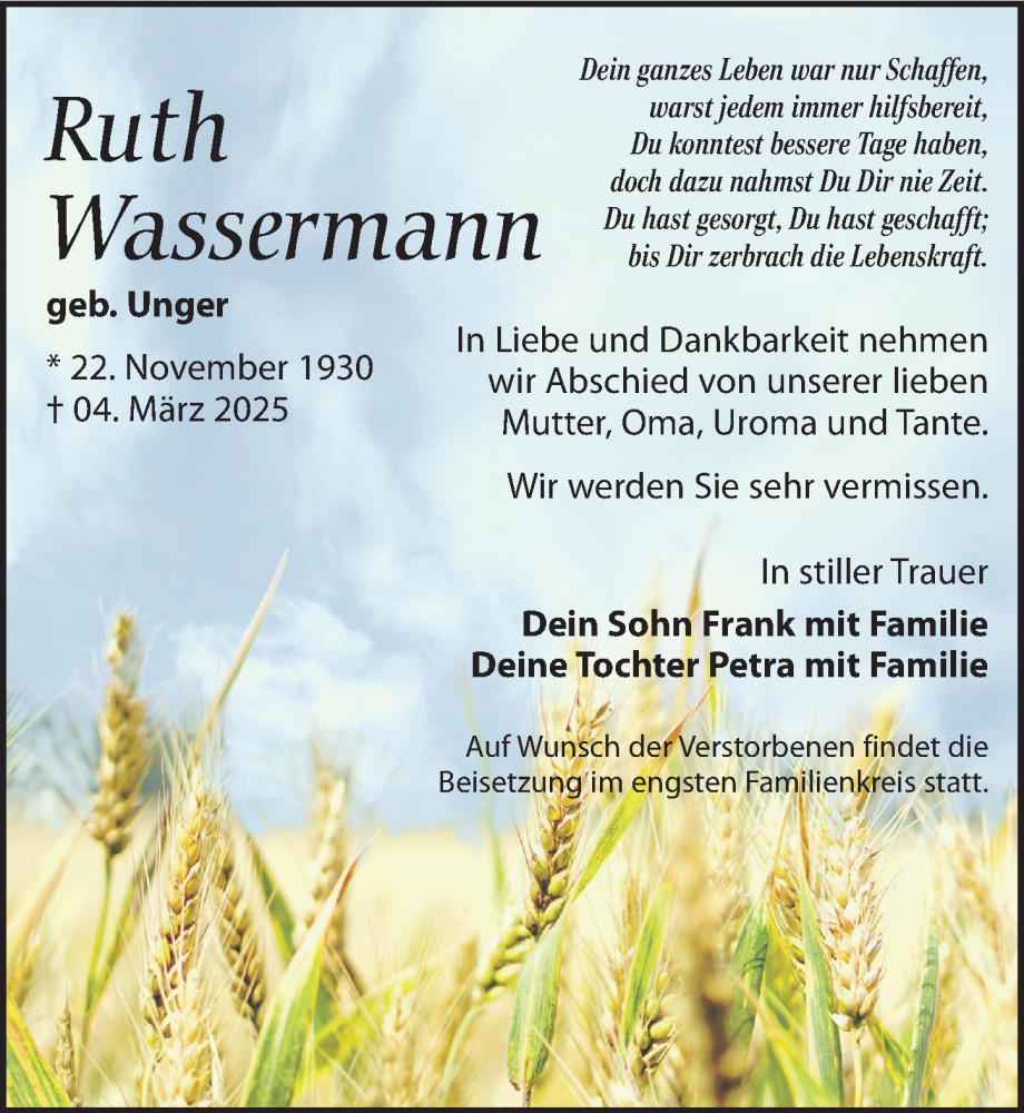  Traueranzeige für Ruth Wassermann vom 15.03.2025 aus Leipziger Volkszeitung