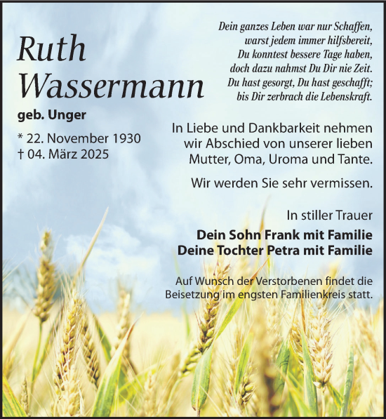 Traueranzeige von Ruth Wassermann von Leipziger Volkszeitung