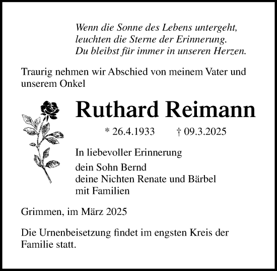 Traueranzeige von Ruthard Reimann von Ostsee-Zeitung GmbH