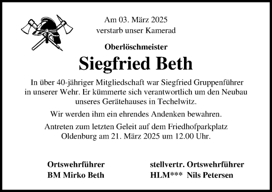 Traueranzeige von Siegfried Beth von Lübecker Nachrichten