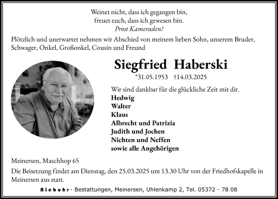 Traueranzeige von Siegfried Haberski von Aller Zeitung