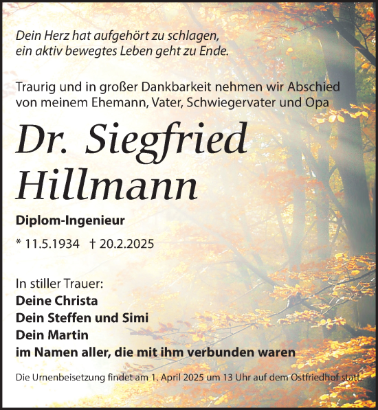Traueranzeige von Siegfried Hillmann von Leipziger Volkszeitung