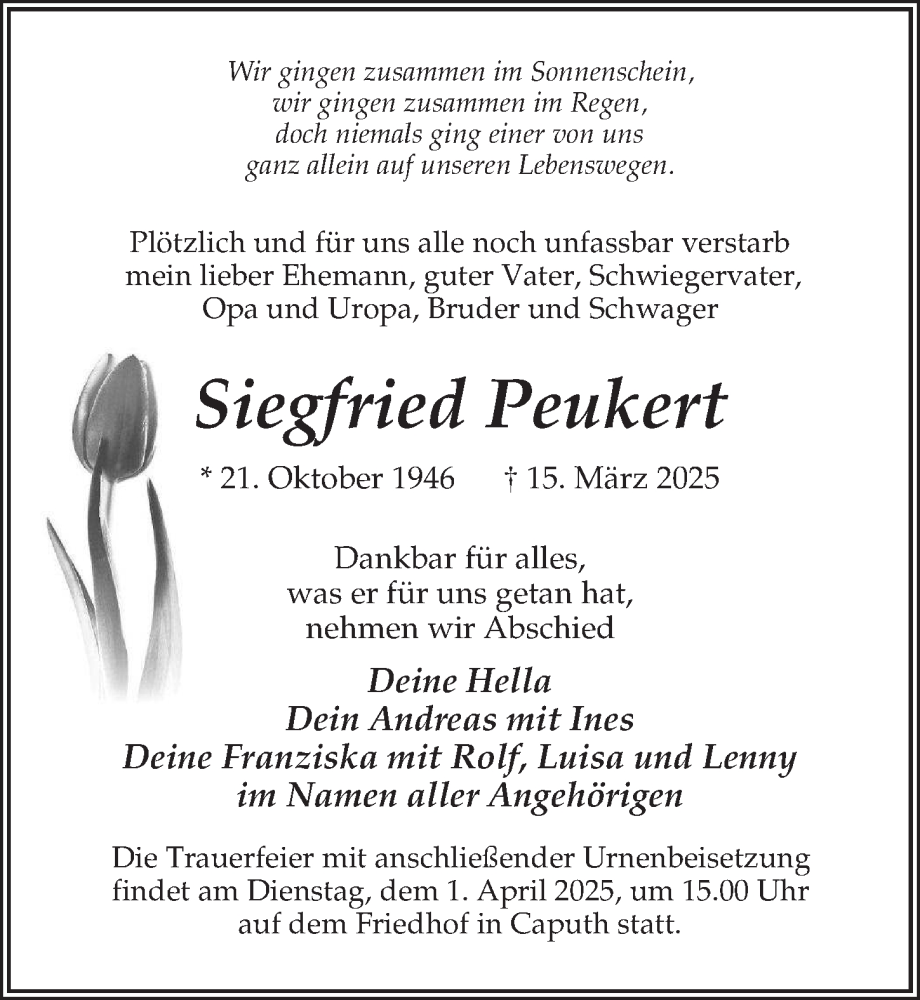  Traueranzeige für Siegfried Peukert vom 22.03.2025 aus Märkischen Allgemeine Zeitung