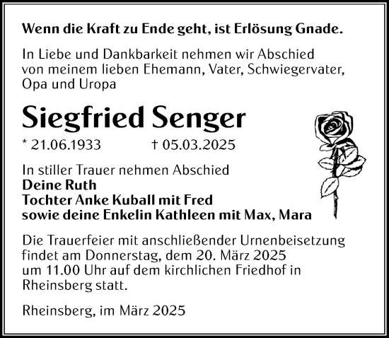 Traueranzeige von Siegfried Senger von Märkischen Allgemeine Zeitung