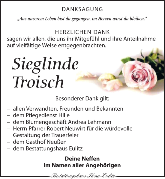 Traueranzeige von Sieglinde Troisch von Torgauer Zeitung