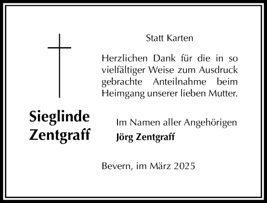 Traueranzeige von Sieglinde Zentgraff von Täglicher Anzeiger Holzminden