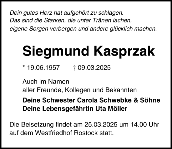 Traueranzeige von Siegmund Kasprzak von Ostsee-Zeitung GmbH