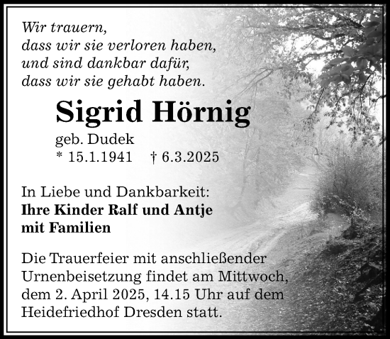Traueranzeige von Sigrid Hörnig von Sächsische Zeitung