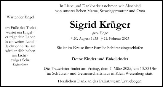 Traueranzeige von Sigrid Krüger von Lübecker Nachrichten