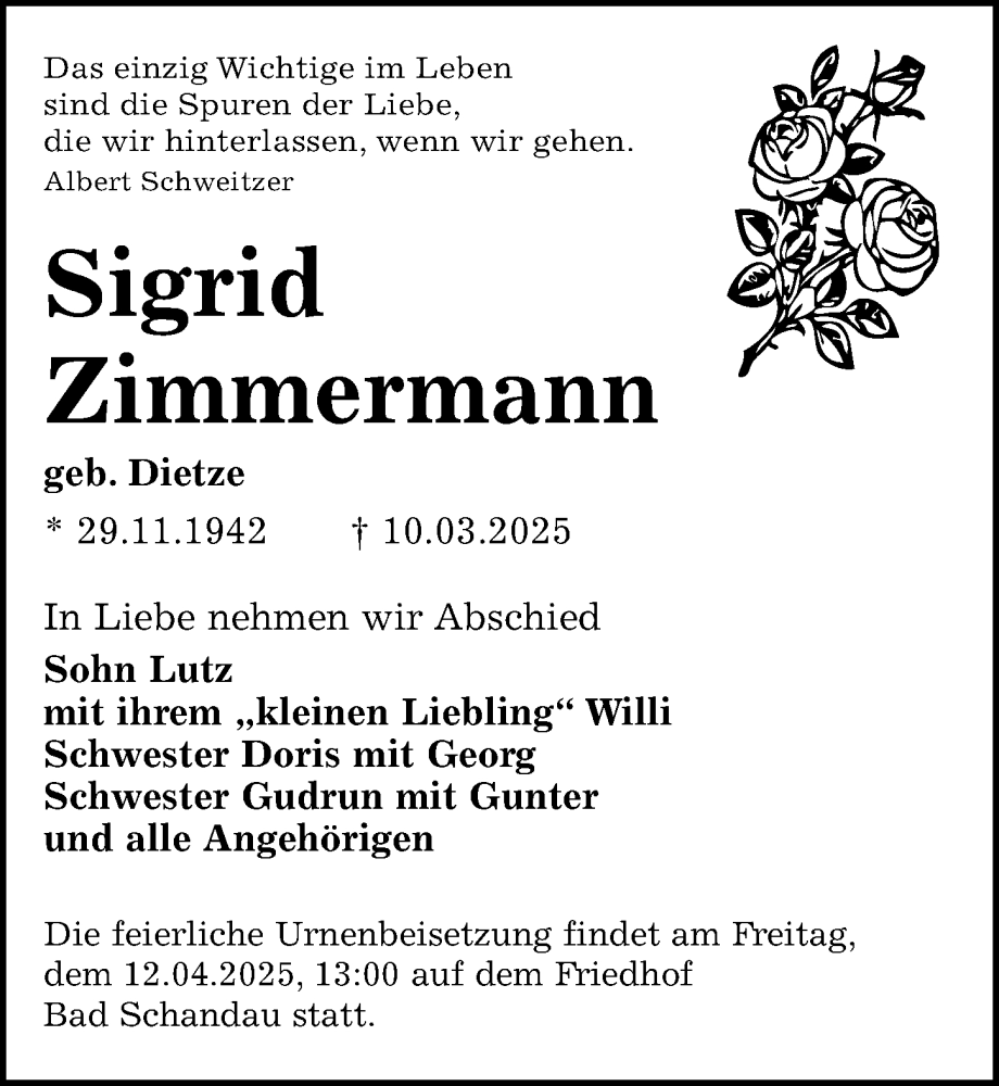  Traueranzeige für Sigrid Zimmermann vom 29.03.2025 aus Sächsische Zeitung