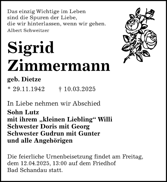 Traueranzeige von Sigrid Zimmermann von Sächsische Zeitung
