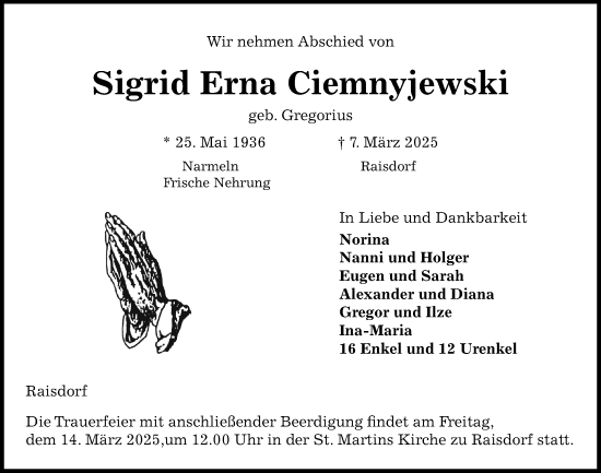 Traueranzeige von Sigrid Erna Ciemnyjewski von Kieler Nachrichten