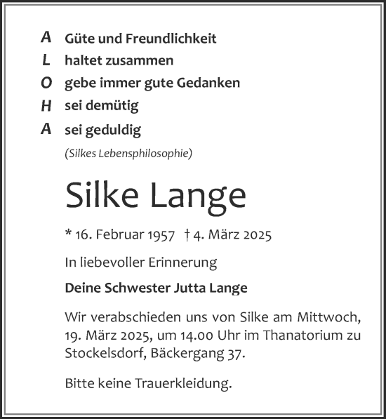 Traueranzeige von Silke Lange von Lübecker Nachrichten